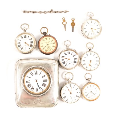 Lot 337 - A Goliath pocket watch in a travelling case, and seven silver and base metal pocket watches