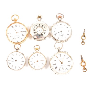 Lot 335 - Six gold-plated, silver and white metal pocket watches.