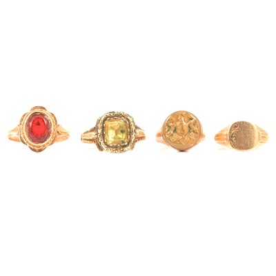 Lot 114 - Four dress rings, including one signet ring.