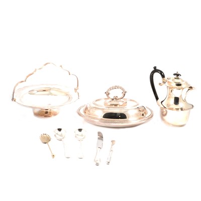 Lot 208 - A silver-plated four piece teaset, entree dish, flatware, cake stand, pair of goblets.