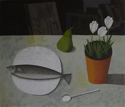 Lot 359 - Reg Cartwright, Still life with fish, pear and crocus