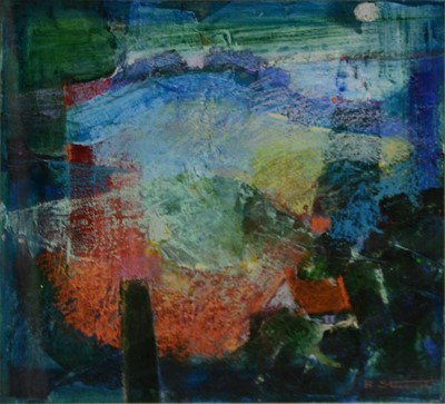 Lot 526 - Barbara Stewart, Moonlit landscape with brown post