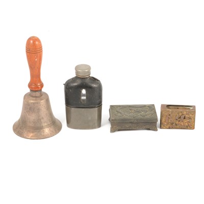 Lot 206 - Various silver plated vesta cases, hip flask, bell, etc.