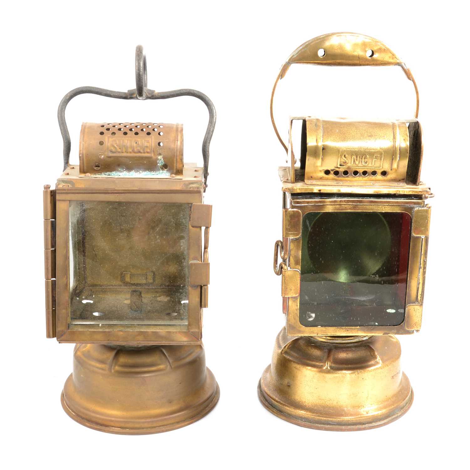 Lot 165 - Two French Railway SNCF brass lamps.