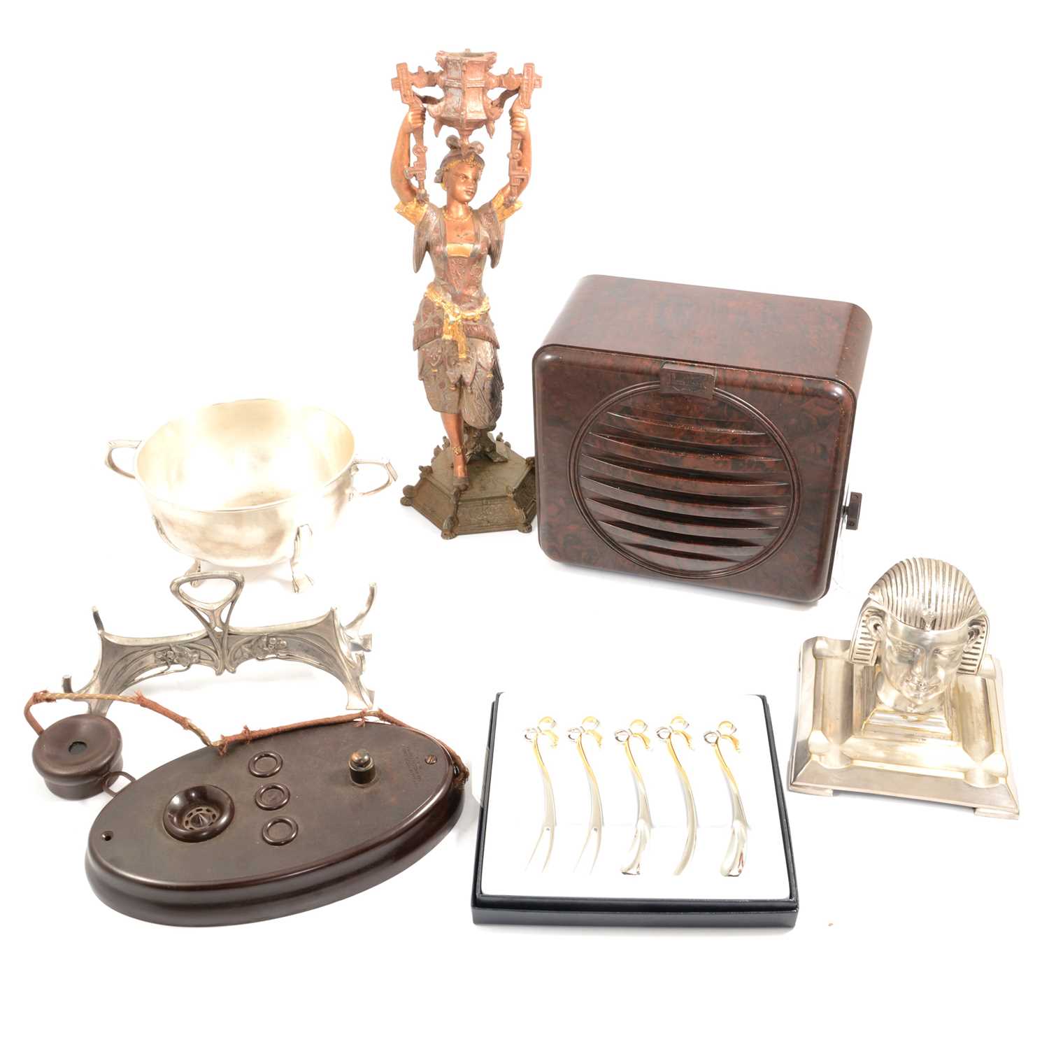 Lot 195 - WMF silver-plated stand, 22cm; Spelter eastern candlestick figure etc