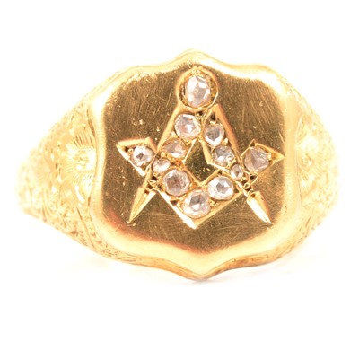 Lot 125 - A diamond set 18 carat gold Masonic ring.