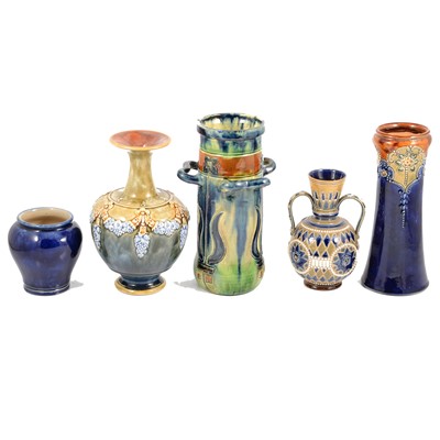 Lot 39 - Four Royal Doulton stoneware vases; and a Continental vase