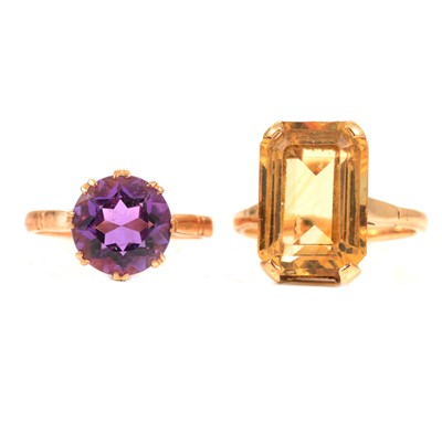 Lot 102 - Two gemset dress rings, citrine and amethyst.