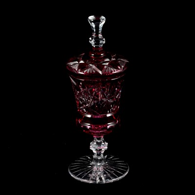 Lot 59 - Ruby overlaid glass pedestal vase and cover, Val St Lambert style