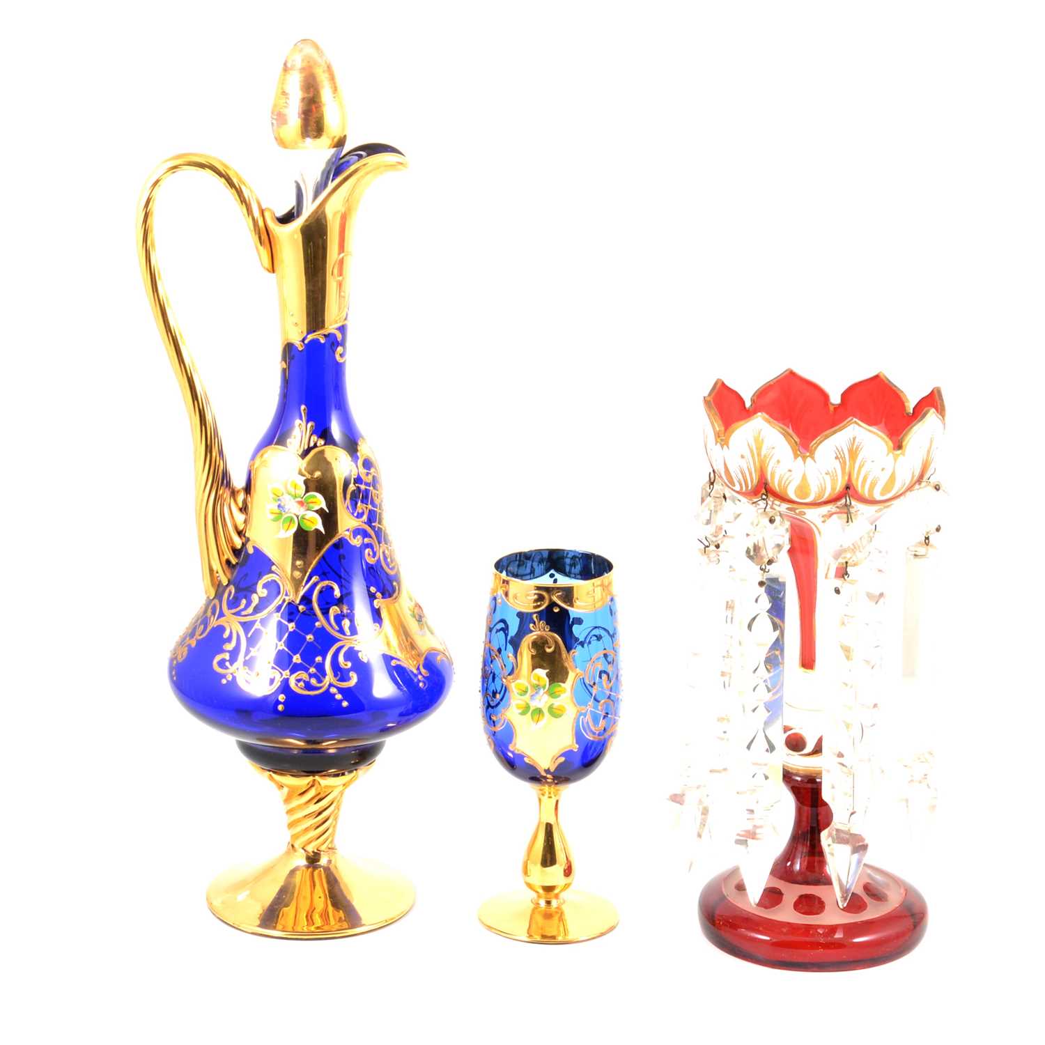 Lot 55 - A Victorian glass lustre and a 1950's Venetian decanter and six glasses.