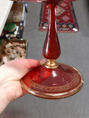 Lot 10 - Pair of Victorian cranberry glass tazza, gilt.