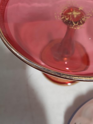 Lot 10 - Pair of Victorian cranberry glass tazza, gilt.