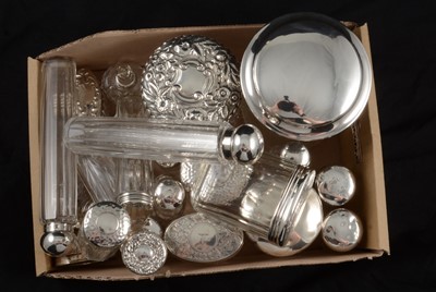 Lot 302 - Four large silver-topped glass jars, other silver jars and bottles.