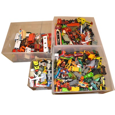 Lot 1164 - Four boxes of play-worn die-cast models and accessories, including Matchbox, Corgi and others