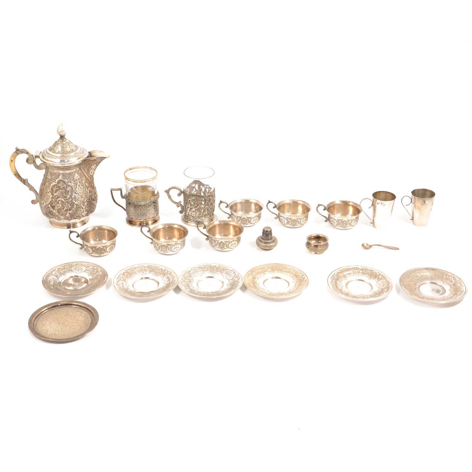 Lot 228 - An Iran tea pot, six cups and saucers, two glass tea cups with silver holders, etc