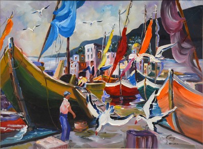 Lot 370 - Corry Larsen, two contemporary Continental fishing village scenes