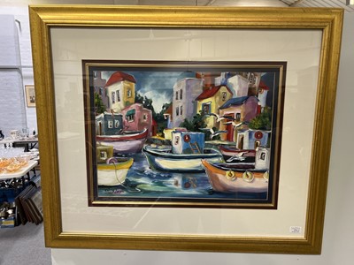 Lot 370 - Corry Larsen, two contemporary Continental fishing village scenes