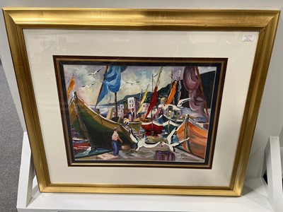 Lot 370 - Corry Larsen, two contemporary Continental fishing village scenes