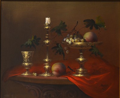 Lot 430 - Moinart, Still life of grapes, candlestick and goblet.