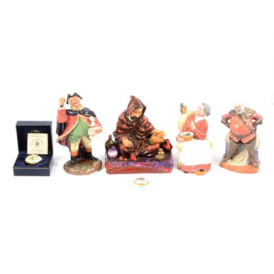 Lot 2 - Four Royal Doulton figures, a Moorcroft enamel pill box, and another pill box
