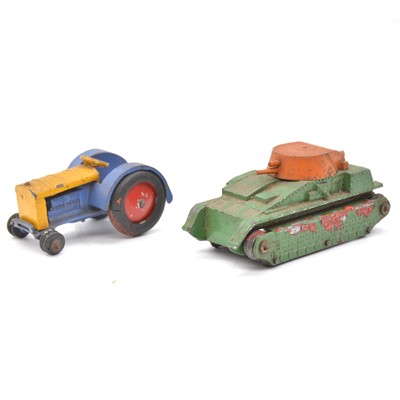 Lot 1052 - Two pre-war Dinky Toys, 22F Army tank and 22E farm tractor.