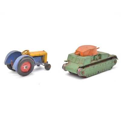 Lot 1052 - Two pre-war Dinky Toys, 22F Army tank and 22E farm tractor.