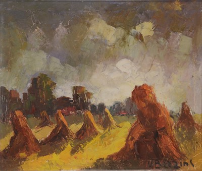 Lot 310 - V Birvins, Landscape with hay bales.