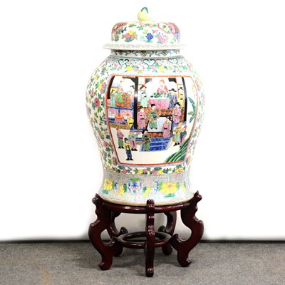 Lot 60 - Very large modern Chinese polychrome covered vase, on wooden stand