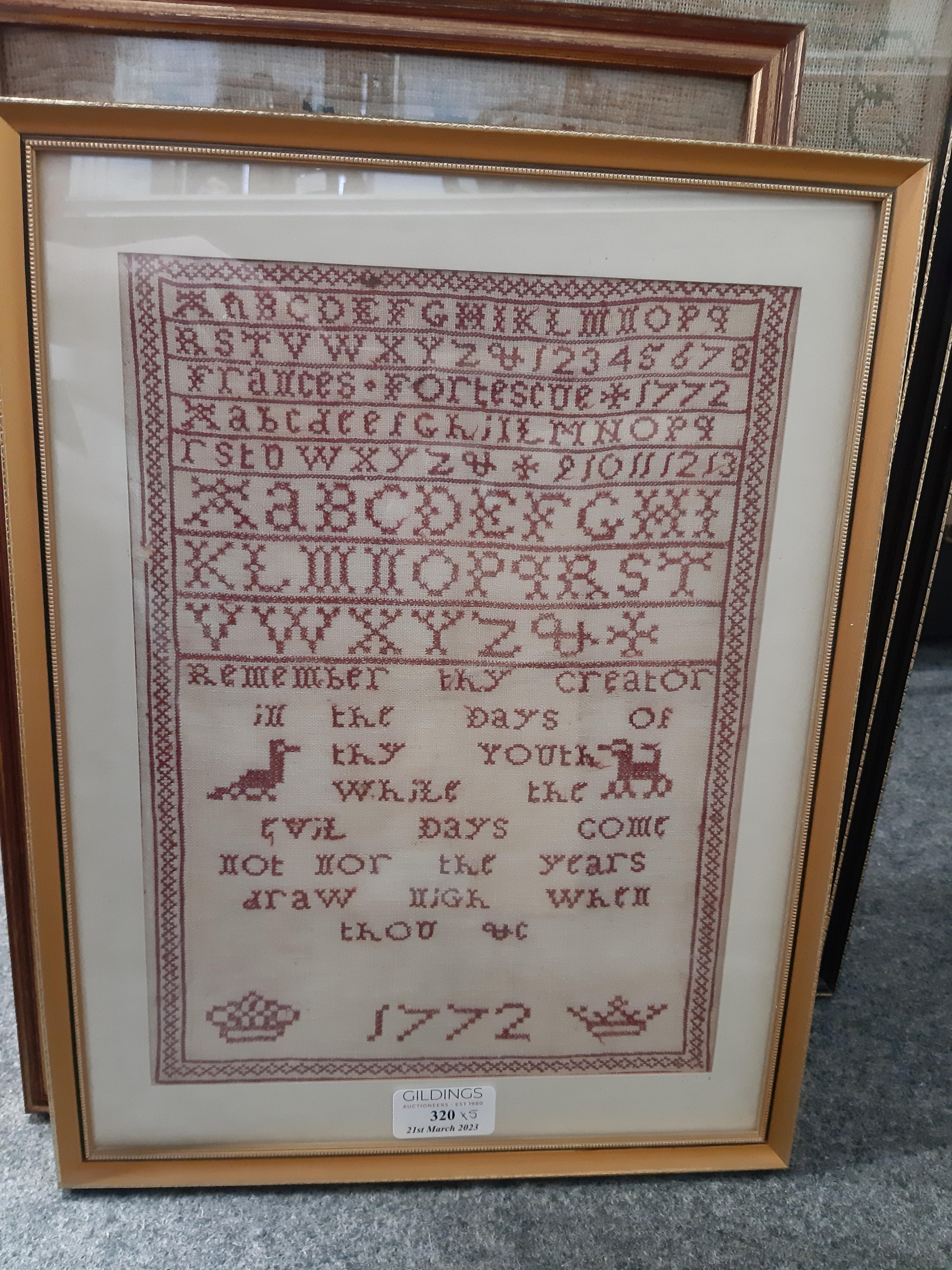 Lot 352 Five needlework samplers