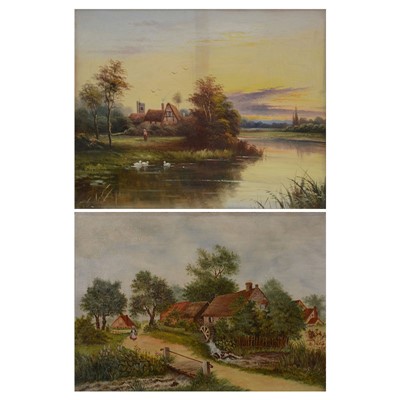 Lot 344 - A North, Riverscape with church and buildings, and another Victorian oil painting.