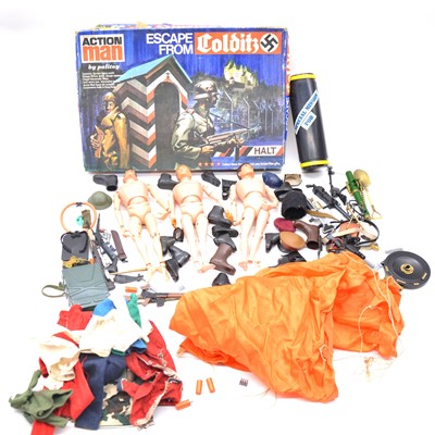 Lot 1308 - Palitoy Action Man, three figures and Escape From Colditz game.