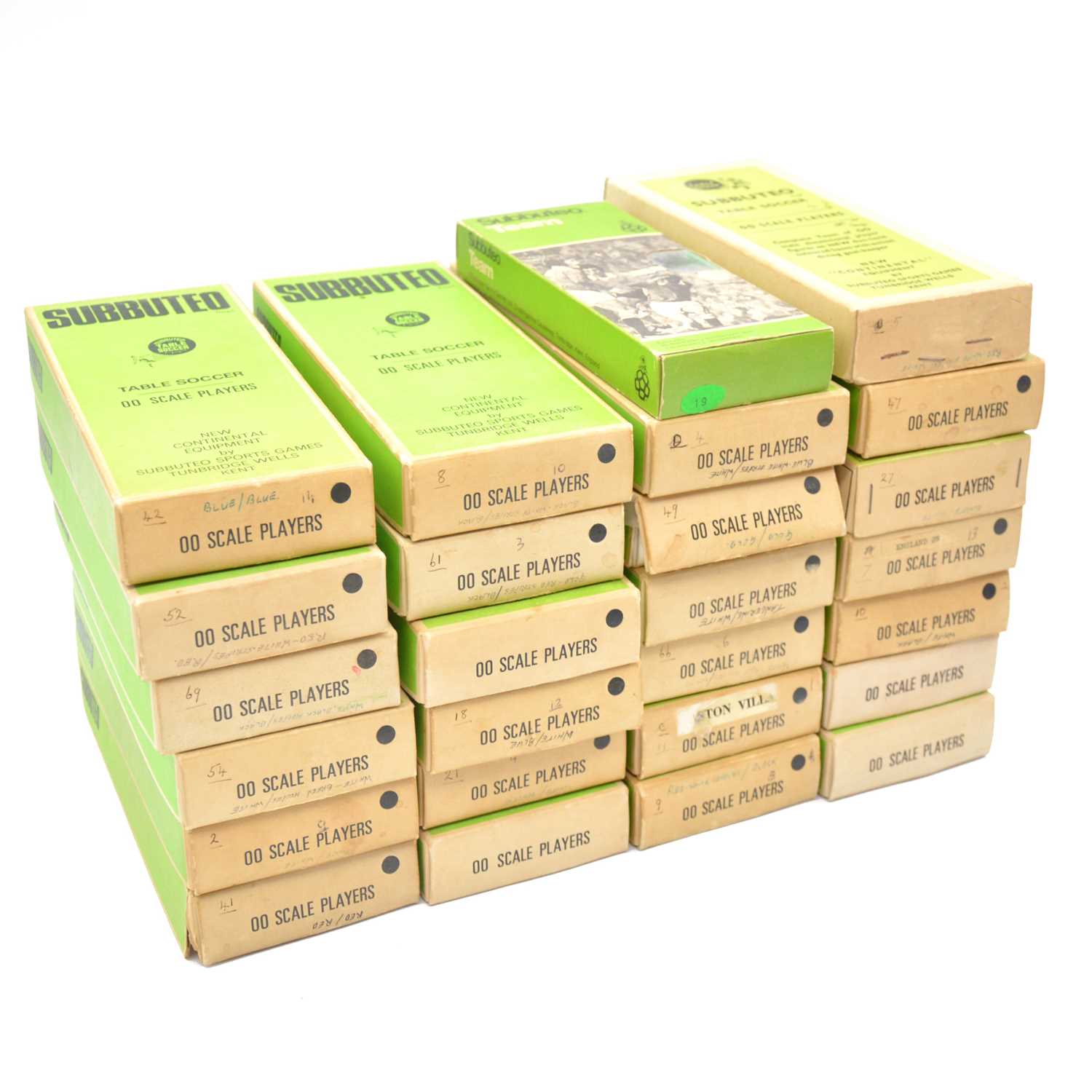 Table For Subbuteo Lot 1313 - Twenty-six Subbuteo table football teams,