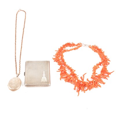 Lot 327 - White metal locket, yellow metal belcher link chain, silver cigarette case and twig coral necklace.