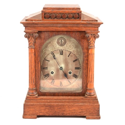 Lot 221 - Late Victorian oak mantel clock, slate clock and two others