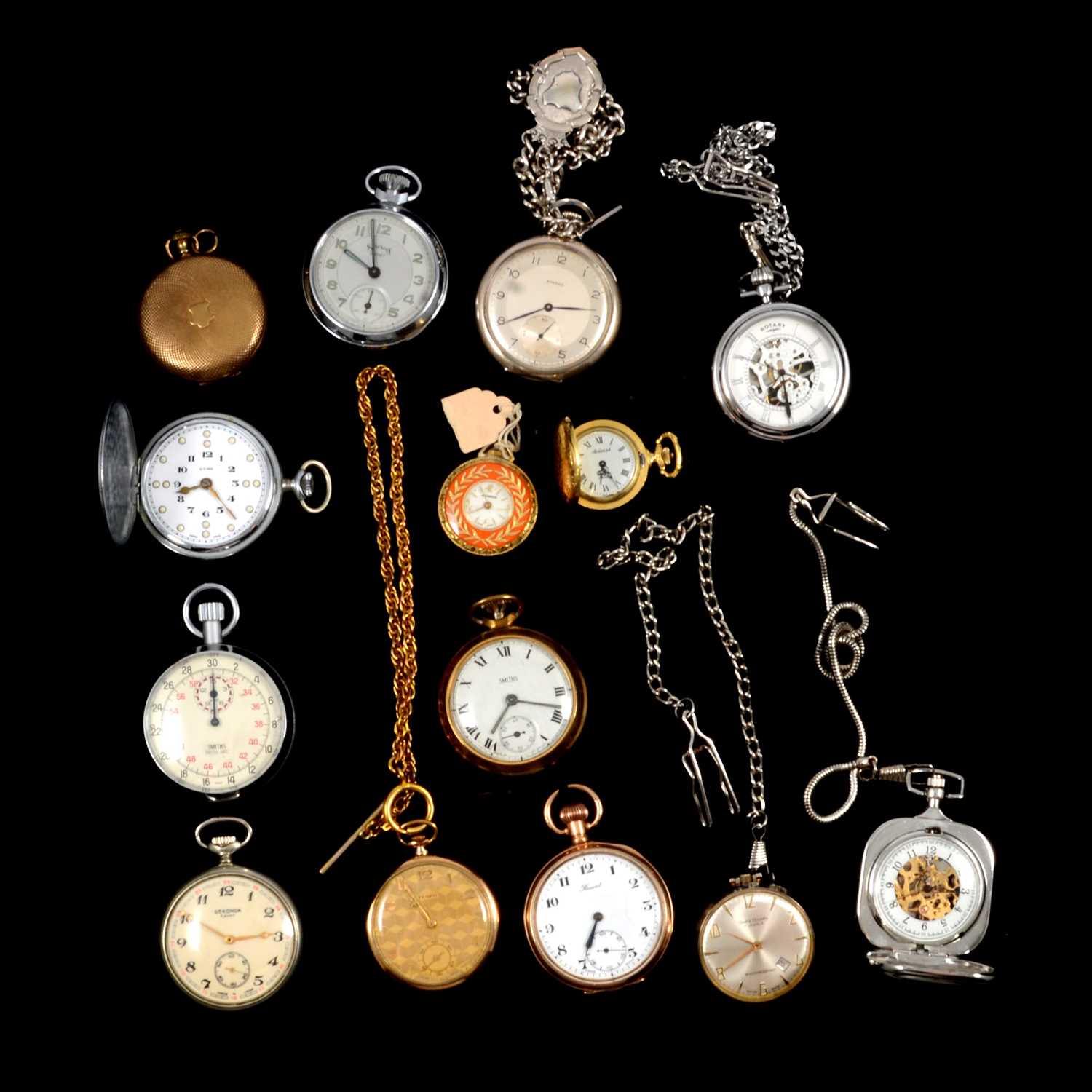 Lot 156 - Fifteen pocket watches and fob watches, a stopwatch, and a pocket watch case.