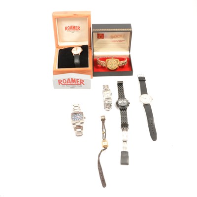 Lot 183 - Roamer - seven vintage wristwatches, two boxed, and advertising block.