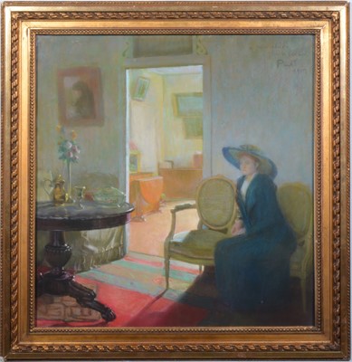 Lot 367 - Joseph Plat,  Interior with lady in a wide brimmed hat