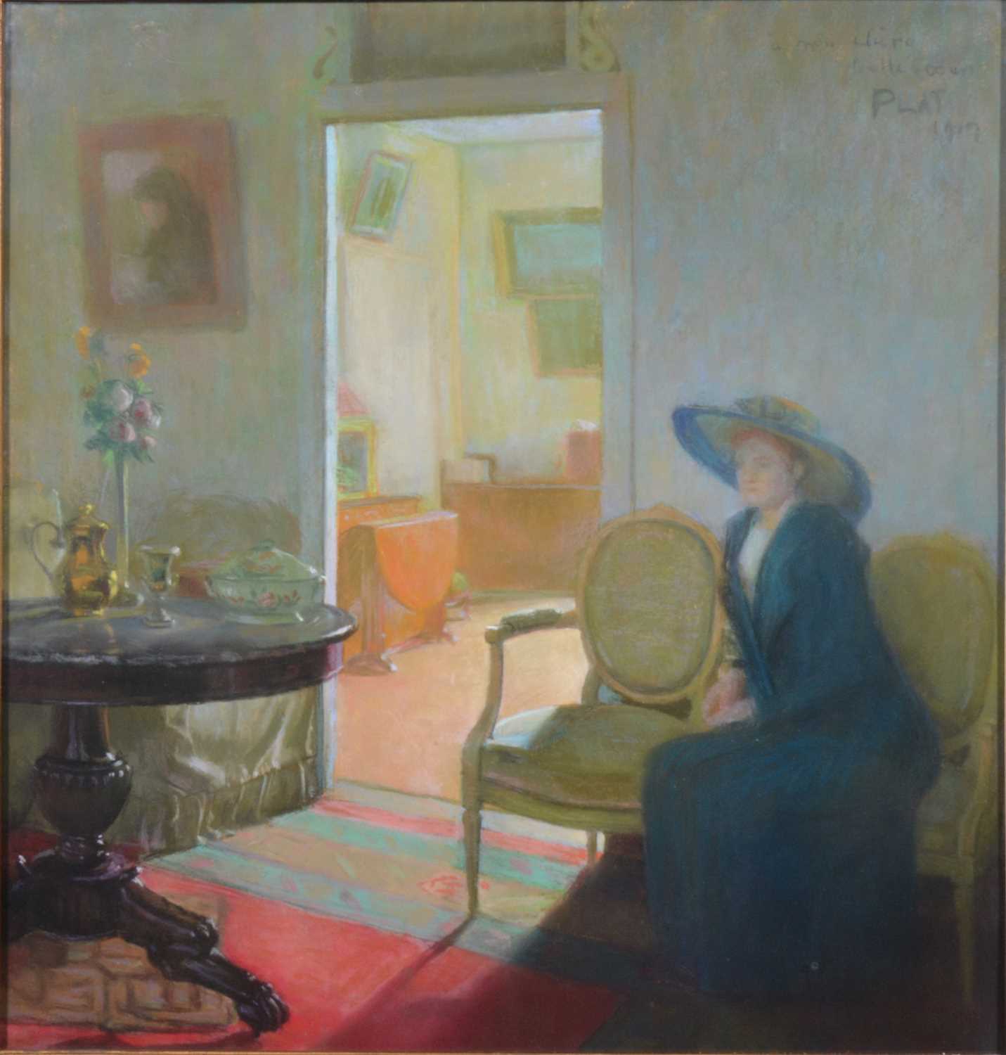 Lot 367 - Joseph Plat,  Interior with lady in a wide brimmed hat