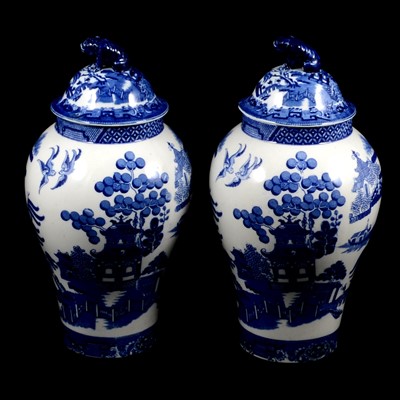 Lot 32 - A pair of Copeland Spode Willow Tree pattern blue and white covered vases