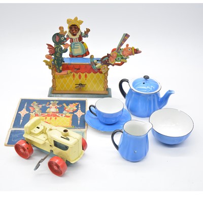 Lot 1025 - German tin-plate clock-work toy, child's teaset and and tractor.