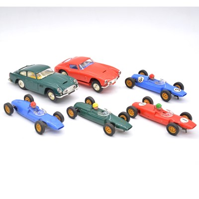 Lot 1251 - Six Scalextric by Tri-ang slot car racing cars including Aston Martin DB4 etc