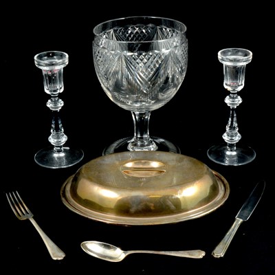 Lot 73 - Four Waterford candlesticks, an oversize goblet/bowl, plated flatware and entree dishes.