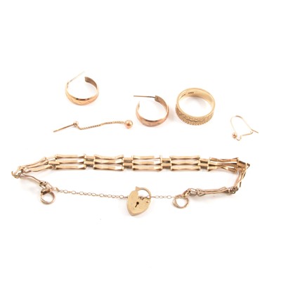 Lot 274 - Scrap gold bracelet, earrings, ring.