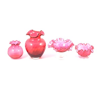 Lot 112 - Quantity of cranberry glass vases, bowls, bottles, etc