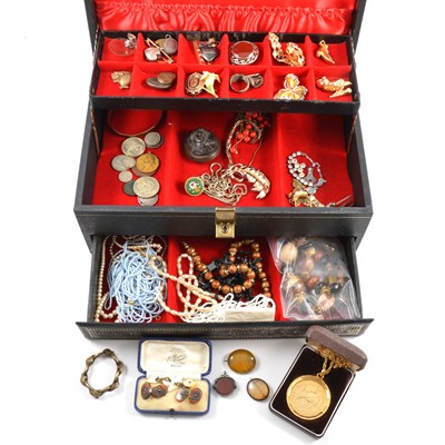 Lot 469 - A jewel box with yellow metal, silver and costume jewellery.