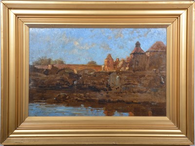 Lot 356 - R Noble, Town scene with bridge