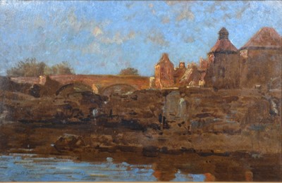 Lot 356 - R Noble, Town scene with bridge