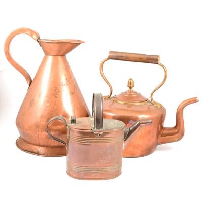 Lot 275 - Copper two gallon haystack measure, kettle, watering can, coal box, etc.