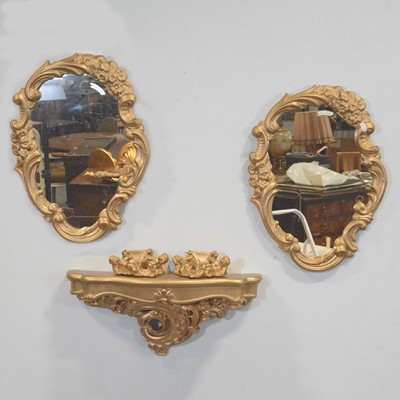 Lot 409 - Gilt pair of mirrors; three brackets.