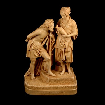 Lot 97 - Parian group, Eliezer & Rebecca and a spelter group Madonna and child